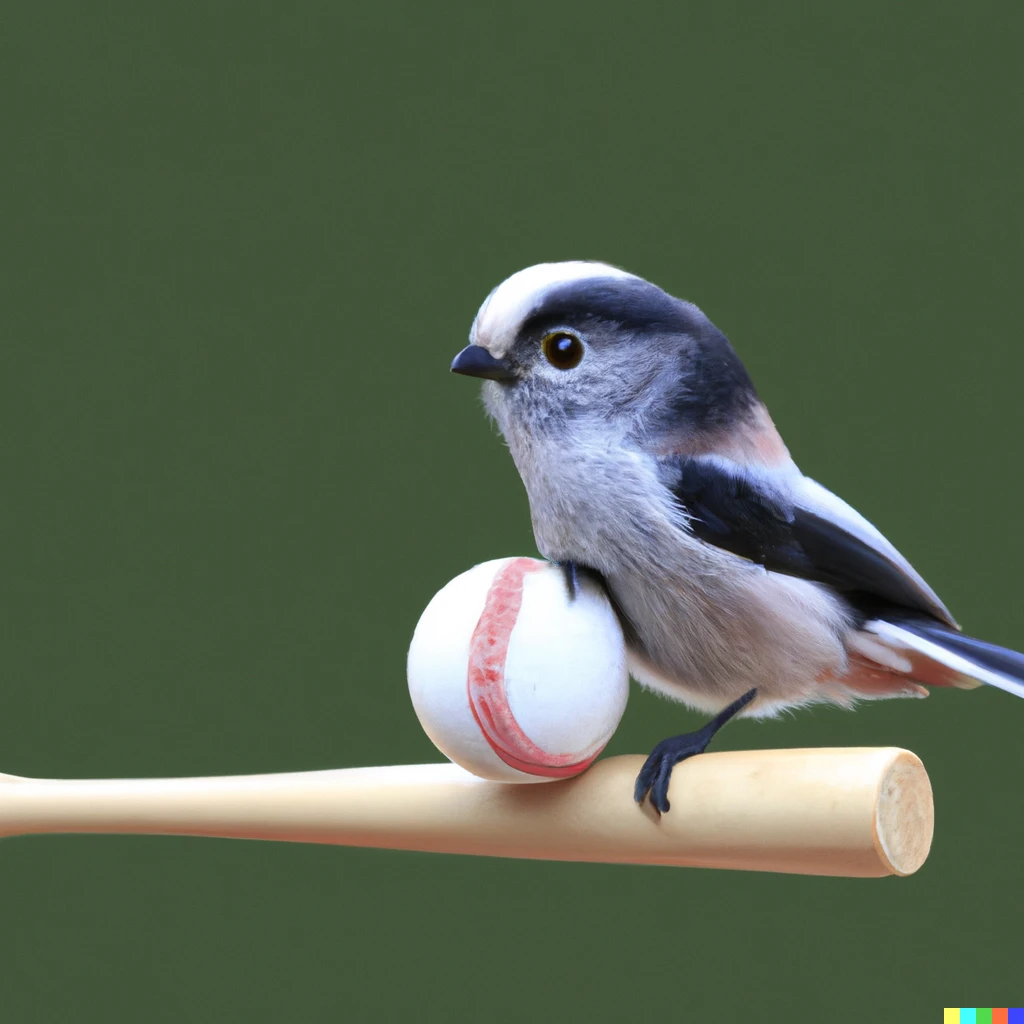 Prompt: Long-tailed bushtit playing baseball , have bat and ball