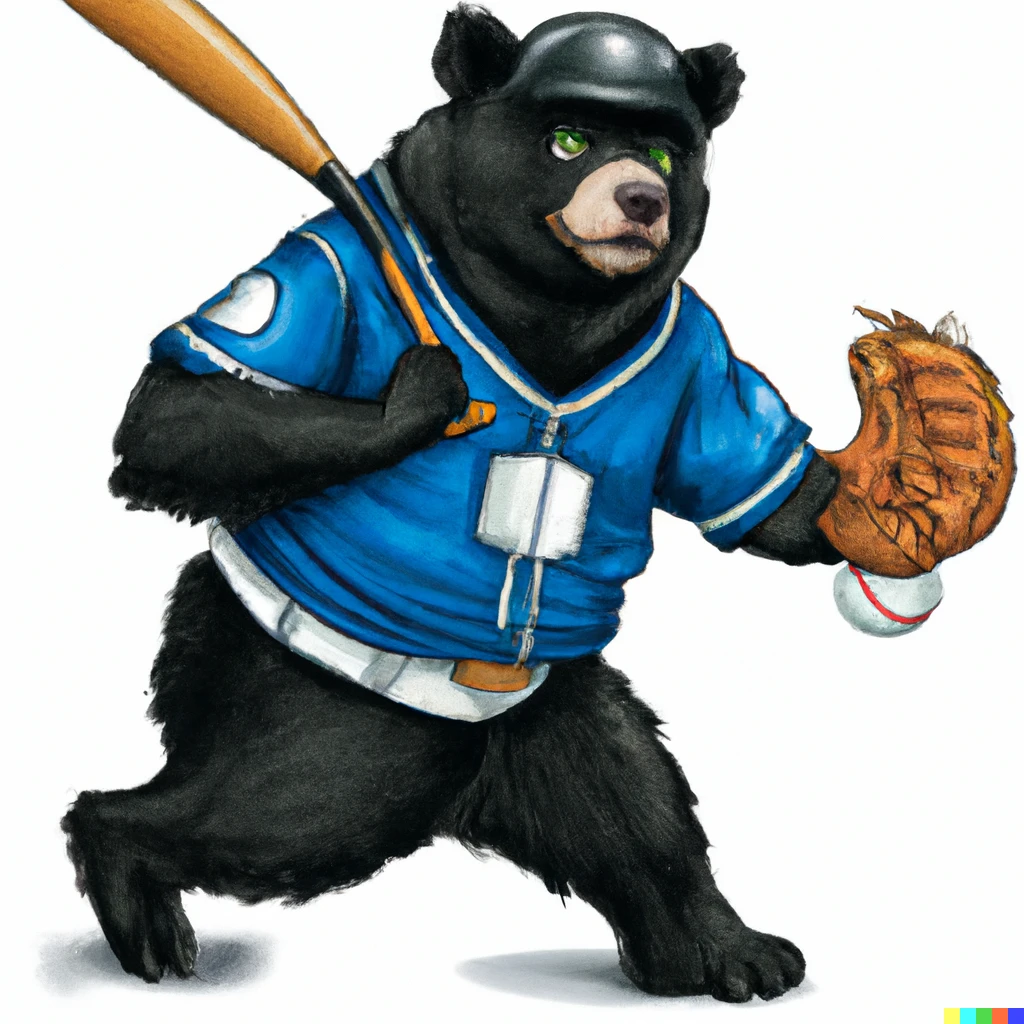Prompt: A black bear playing baseball.  Wears black and blue catcher armor.