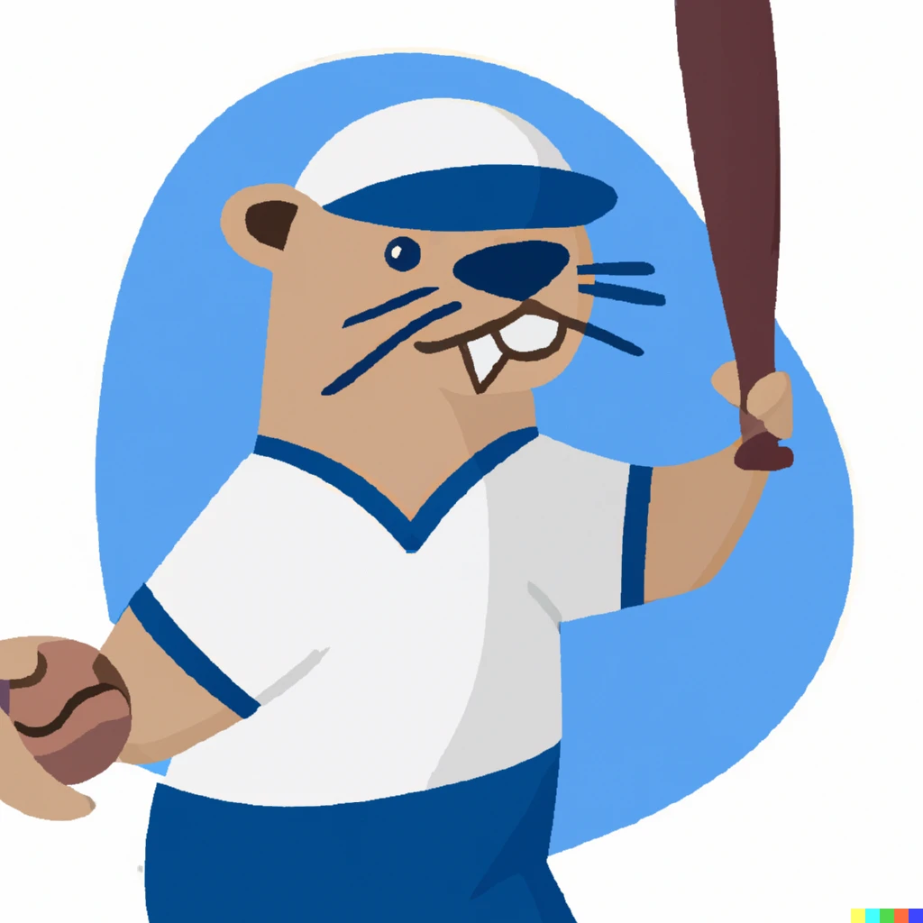 Prompt: otter playing baseball, blue and white  uniform, batting ball