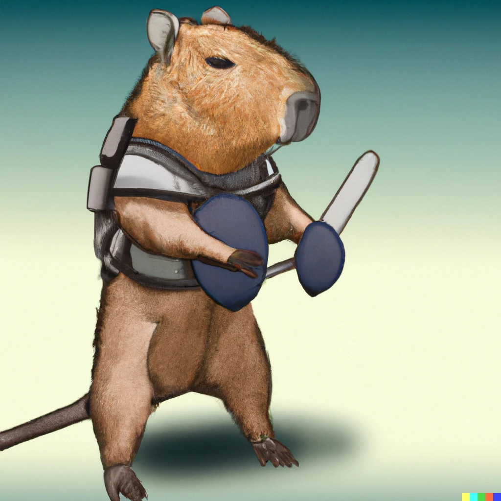 Prompt: A capybara playing baseball.  Wears catcher's armor. digital art.