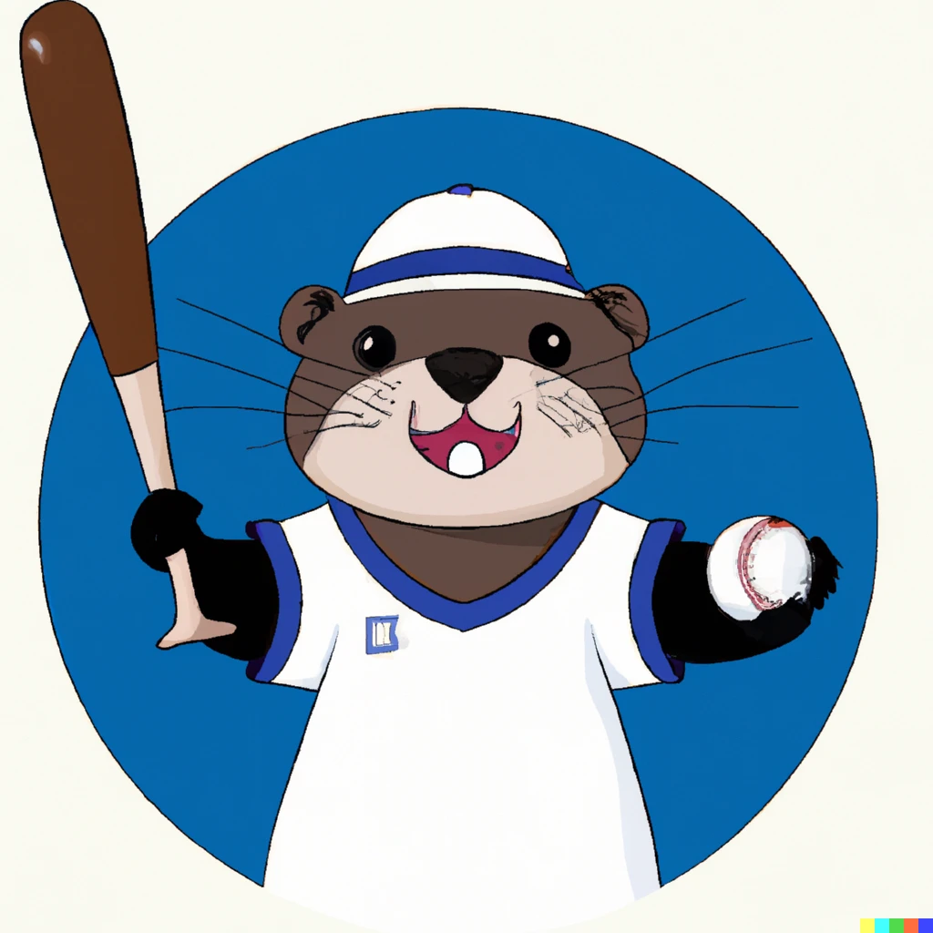 Prompt: sea otter playing baseball, blue and white  uniform, batting ball