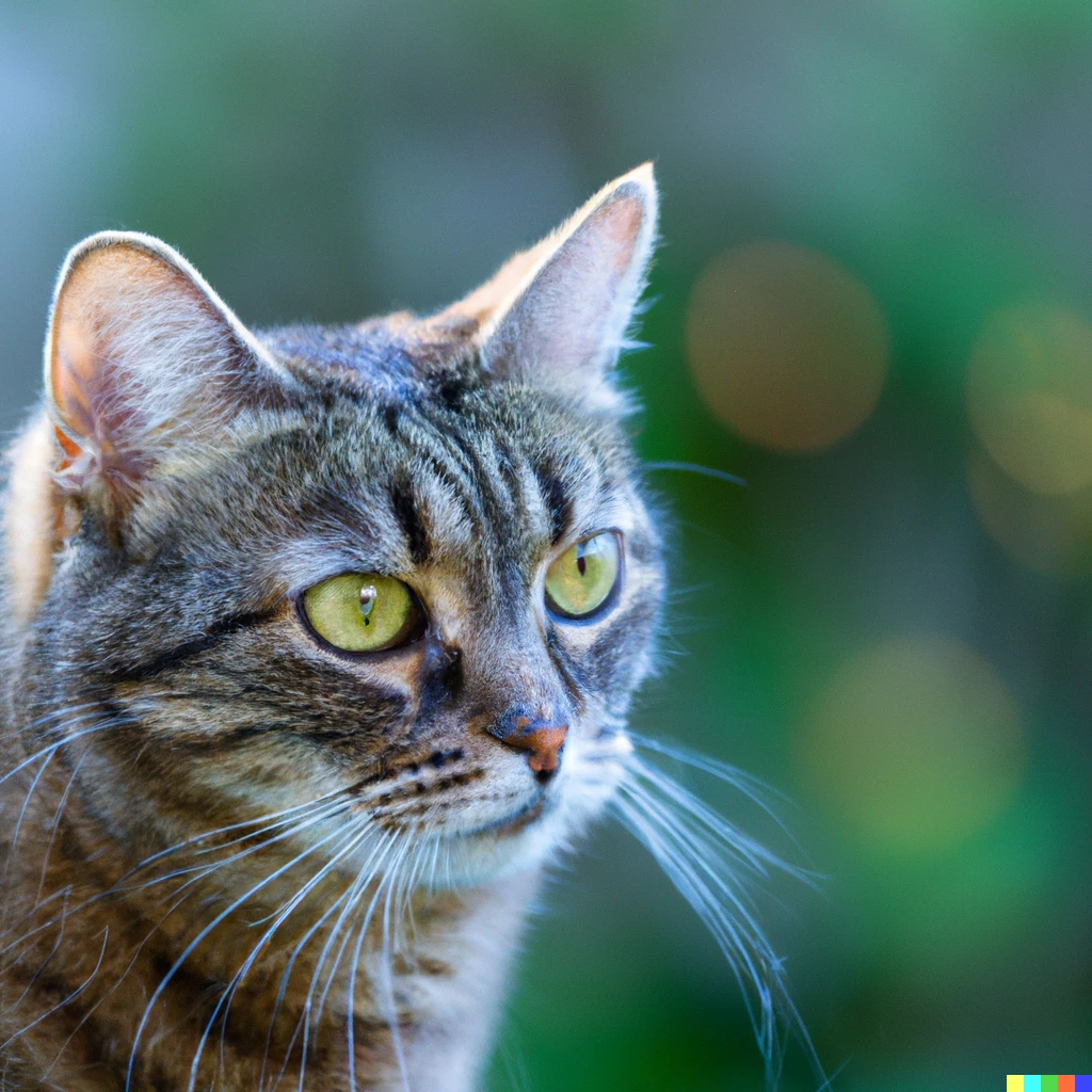 Prompt: Portrait of a cat, photographed with a 200mm f2 prime lens, background bokeh, dslr