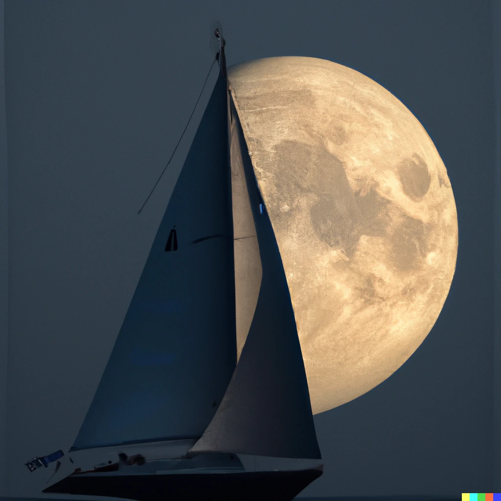 Prompt: A sailboat with sails down, ginormous crescent moon at the background,fusing with sails, 800mm telephoto compression
