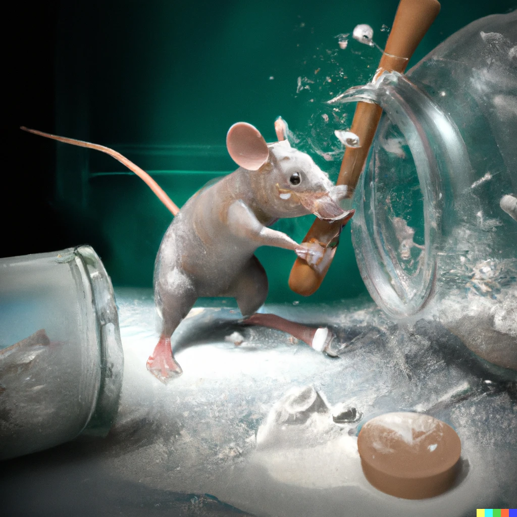Prompt: Mouse holding a hammer smashing opening a jar of flour as the glass shatters photorealistic