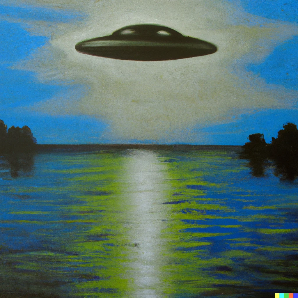 Prompt: An Impresionante oil painting of a UFO above water 