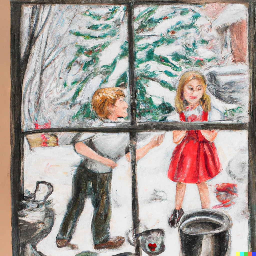 Prompt: two young children, brother and sister, playing in the back yard on a snowy Christmas morning as seen through the kitchen window; painted by Norman Rockwell