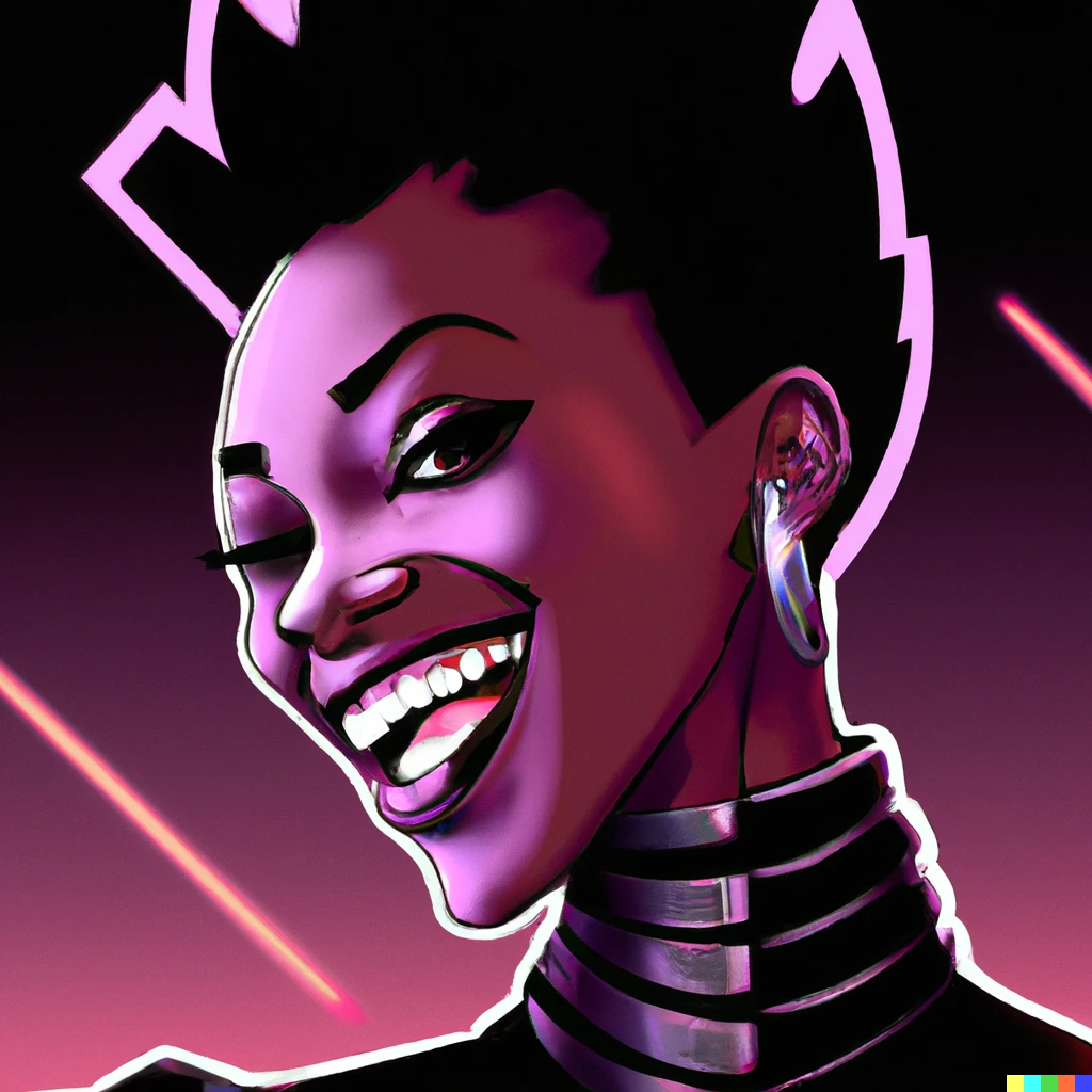 Prompt: Cyberpunk illustration of laughing confident black woman 