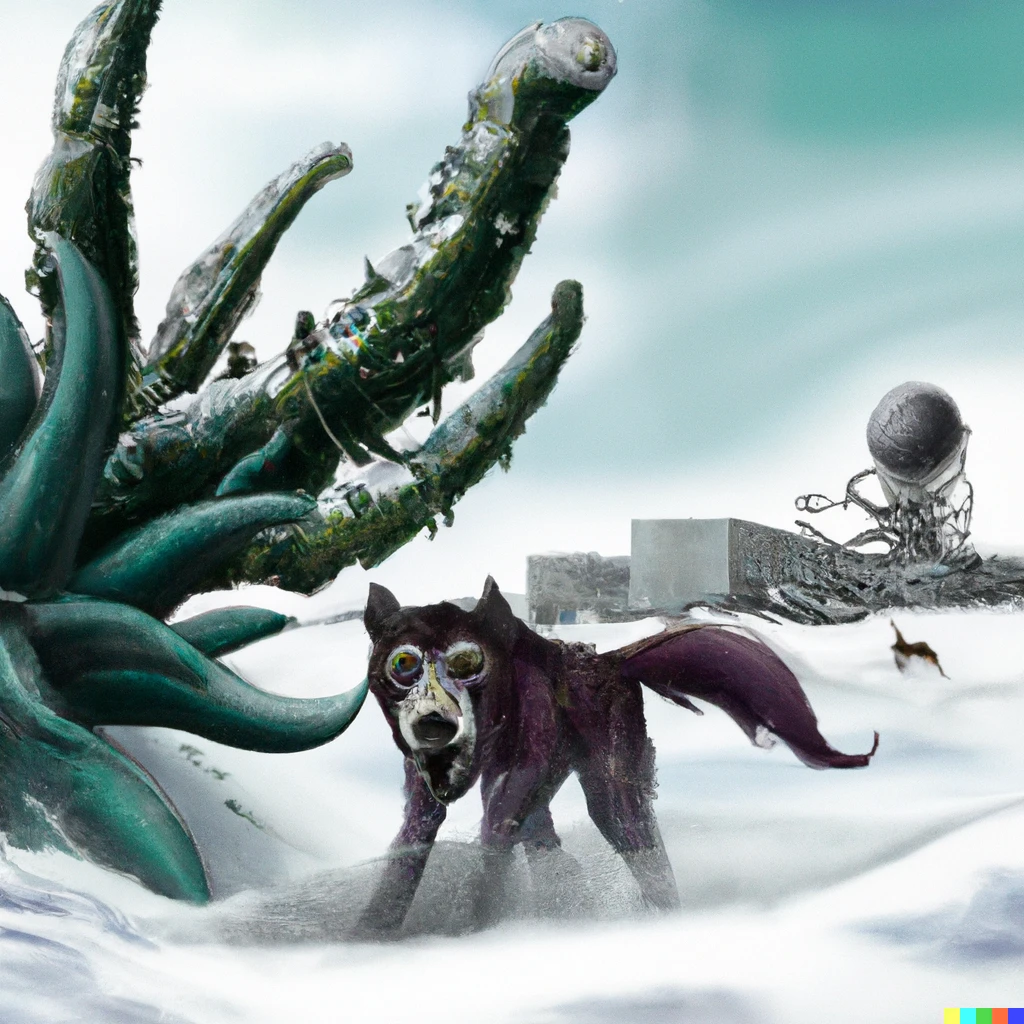 Prompt: Realistic art of a creepy tentacled plant monster with sharp jaws. It chases a husky dog across the snow. An Artic research facility is in the background.