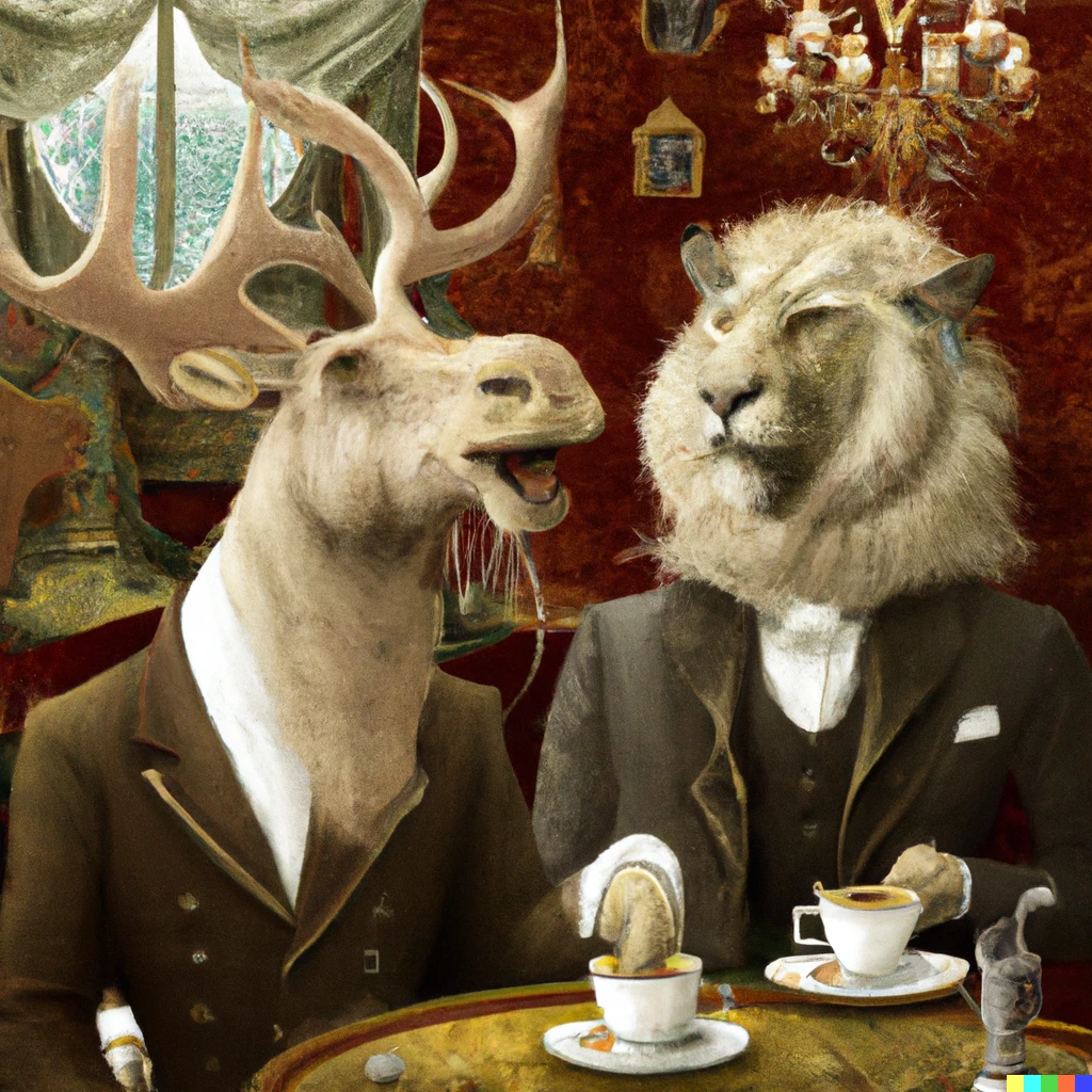 Prompt: A sophisticated lion and a well dressed moose in the tea room. Portrait style painting.