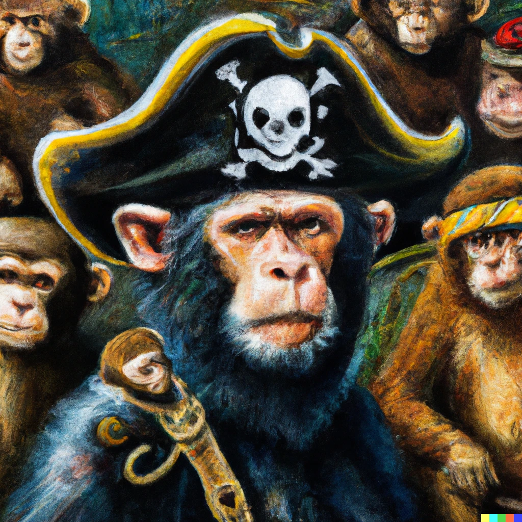 Prompt: Oil painting portrait of a defiant chimpanzee pirate with his crew of bears and lions behind him
