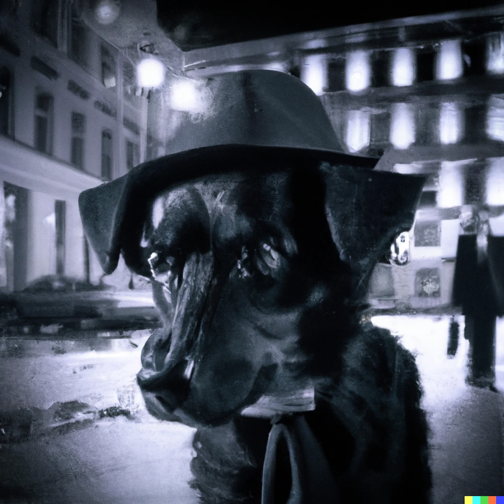 Prompt: A grim private eye walks the dark city streets. Street lights. Film noir mood. It's 1940. There's a sad looking old dog