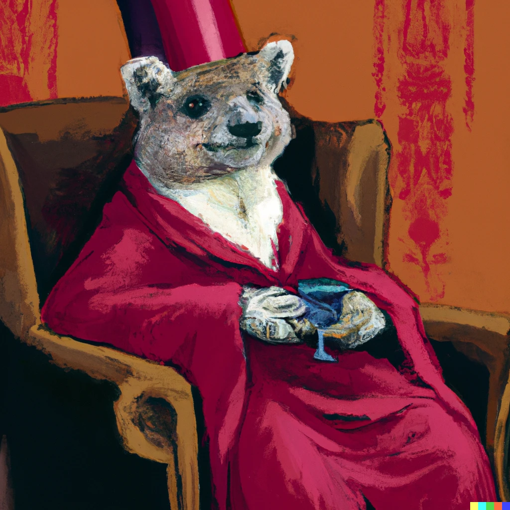Prompt: Portrait style painting of a Wombat wearing a bright red fez and wearing an elegant purple dressing gown. He is sitting in a big armchair holding a tall drink. He is facing us 
