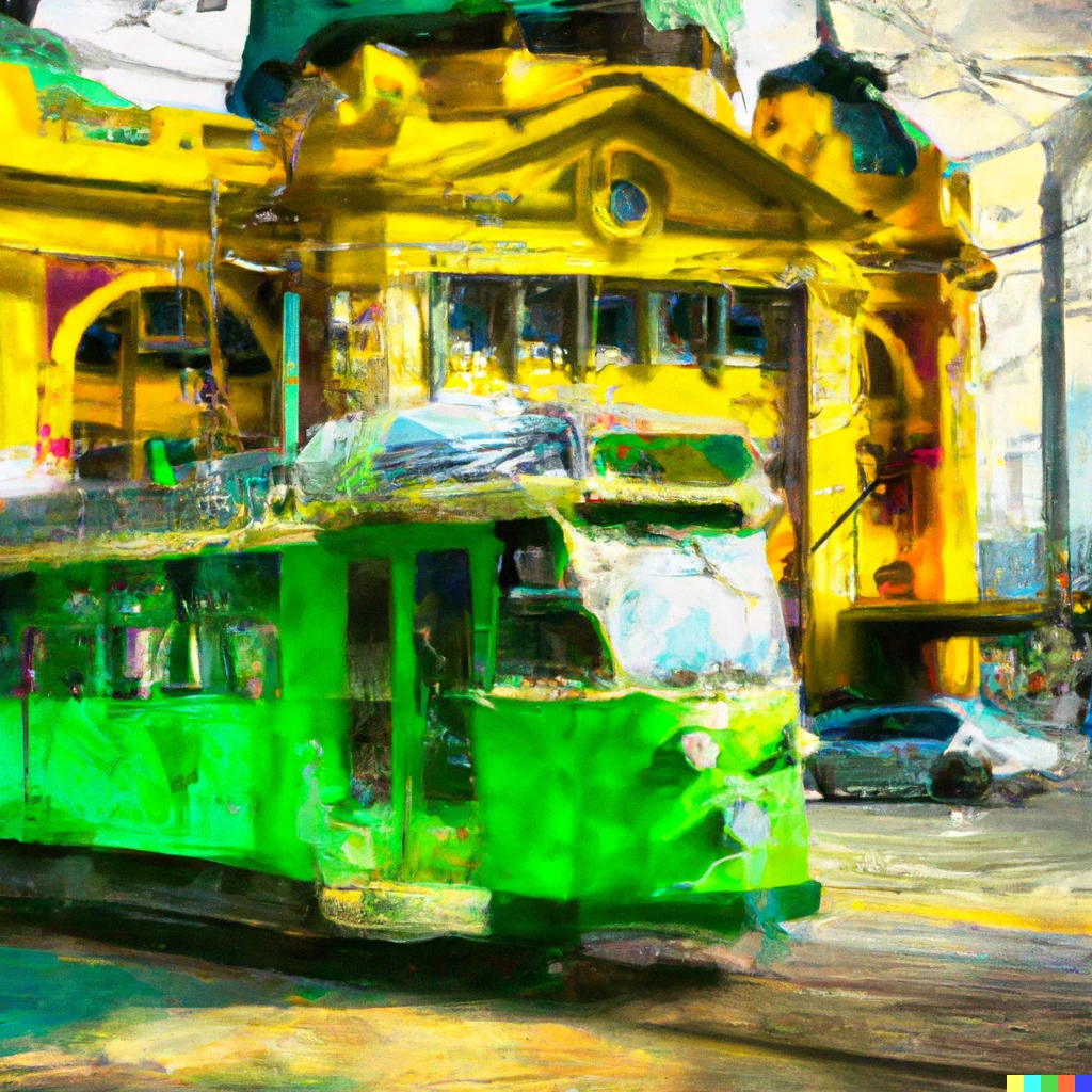 Prompt: An impressionist painting of an old green and yellow Melbourne tram in front of Flinders Street railway station