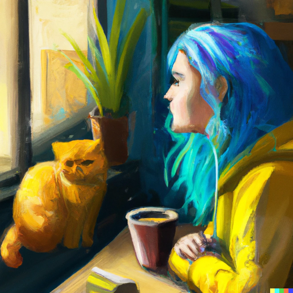 Prompt: A  painted portrait of a blue haired woman in a yellow hoodie is having a coffee and gazing out a large window. A big ginger cat sits nearby.