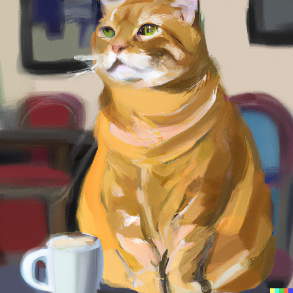 Prompt: An photo realistic drawing of a sophisticated ginger cat sitting upright in a trendy cafe enjoying a coffee.