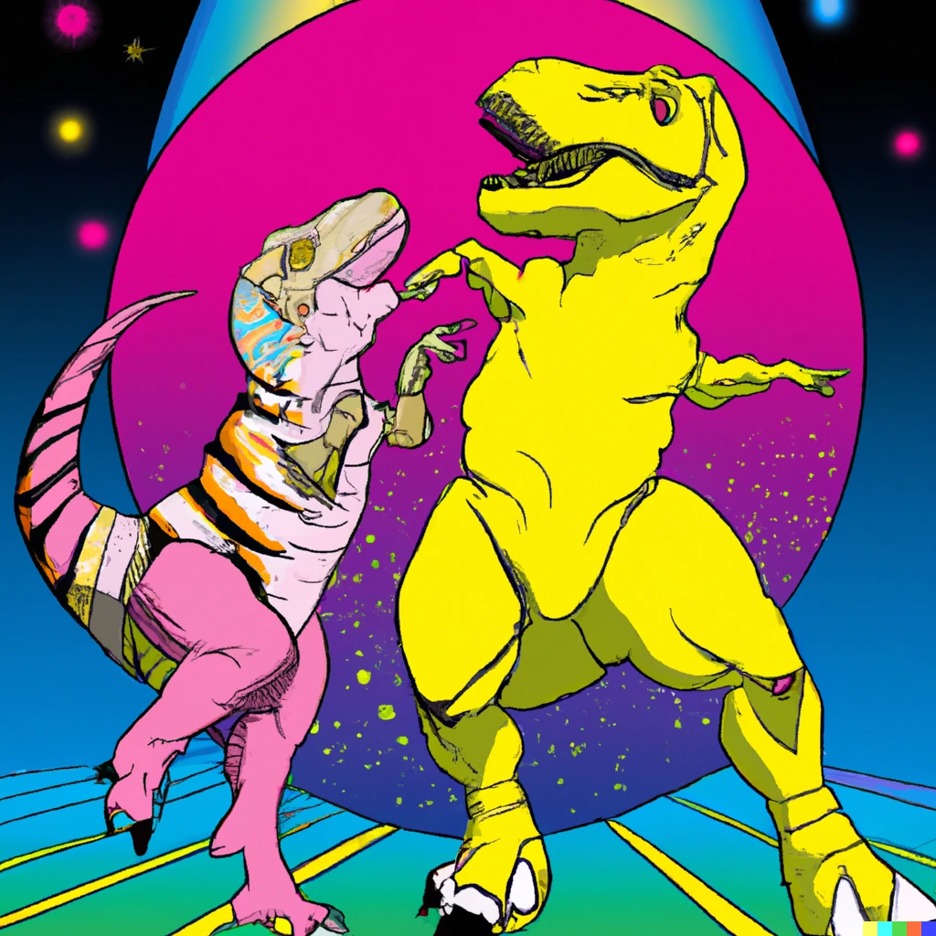 Prompt: Comic book style art of a yellow tyrannosaurus rex and a pink triceratops dancing at a nightclub.