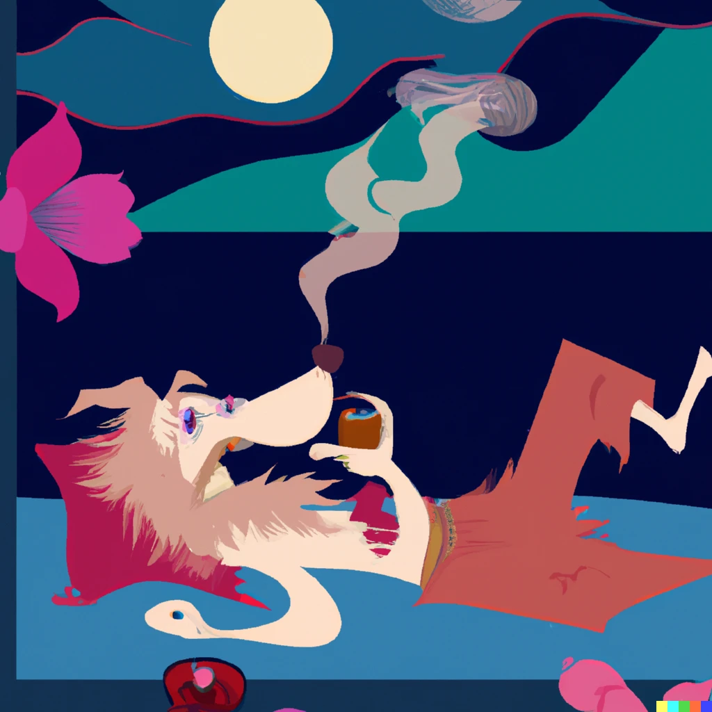 Prompt: A dog laying in a bed of roses smoking a pipe and smiling to to the moon while his eyes reflect the ocean