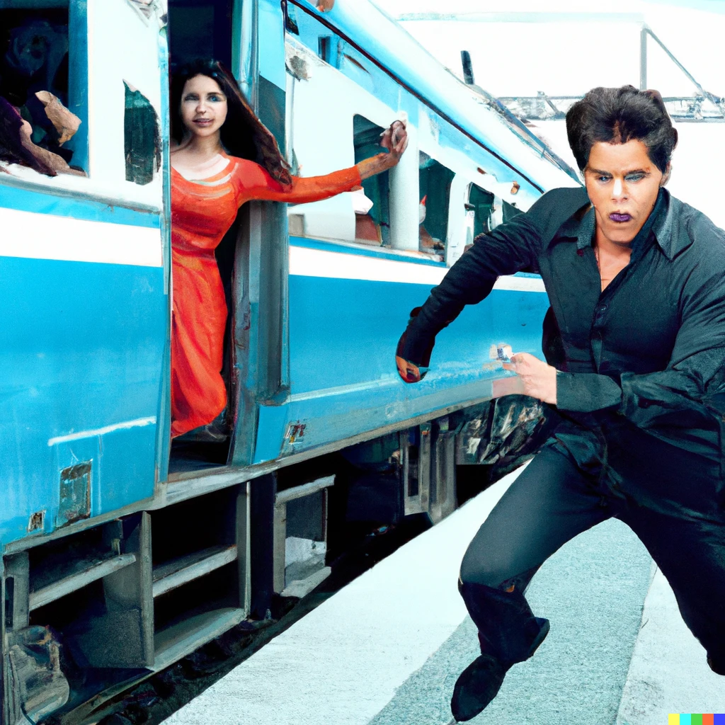 Prompt: Shah rukh khan running behind the train for Kajol