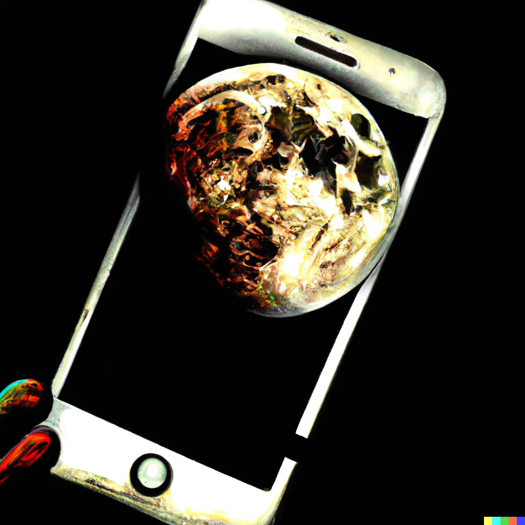 Prompt: Oil paint , iPhone 1 in 3 D surrounding Moon