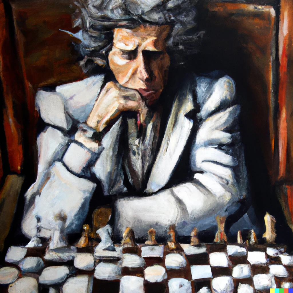 Prompt: An oil painting of Keith Richards playing chess