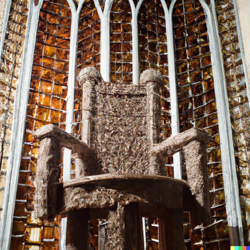 Prompt: The Iron Throne, made out of oatmeal, in a fantasy style, in a large throne room with stained glass behind it