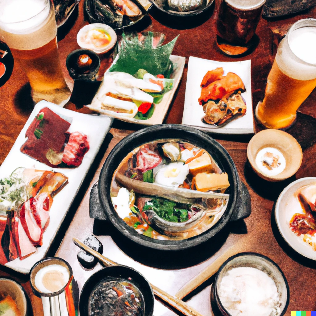 Prompt: Japanese dinner table, sushi, yakiniku, nabe, donburi, toufu, beer