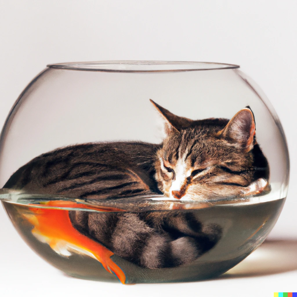 Prompt: Cat resting in an empty goldfish bowl