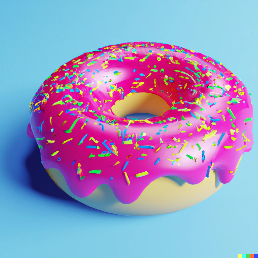 Prompt: A 3D render of a strawberry glazed donut with rainbow sprinkles on a light blue background