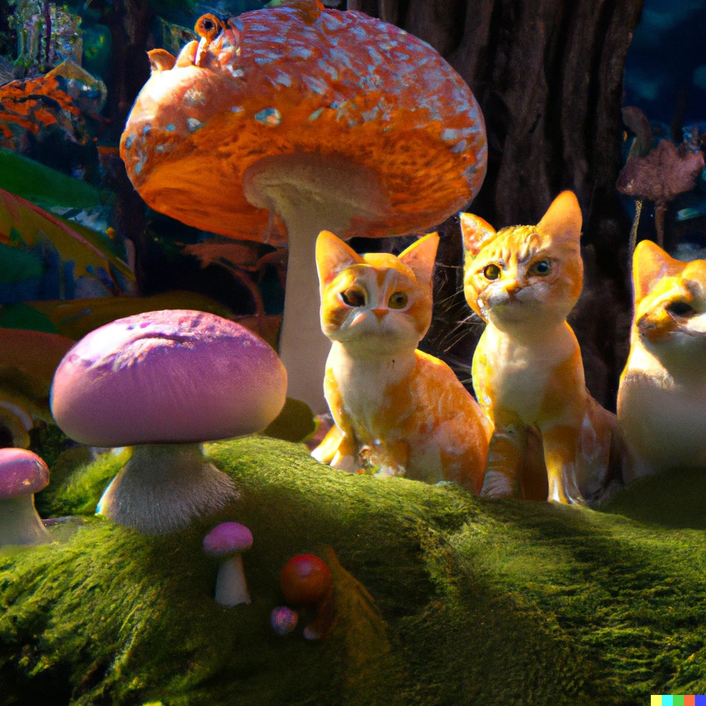 Prompt: An unreal engine photo of orange cat family in a colorful mushroom world