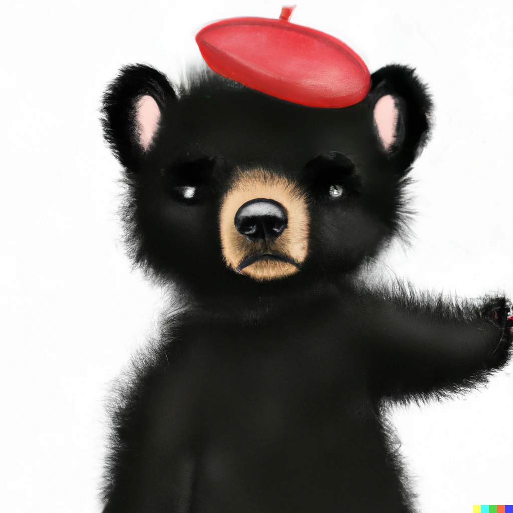 Prompt: A black bear cub wearing a red beret
