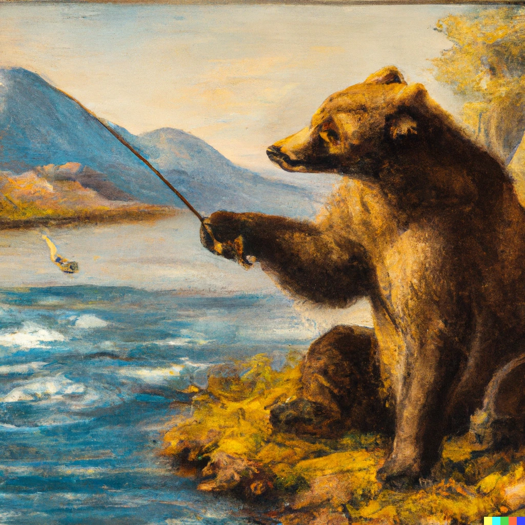 Prompt: a grizzly bear fishing the river with a rod and reel by Johannes Vermeer