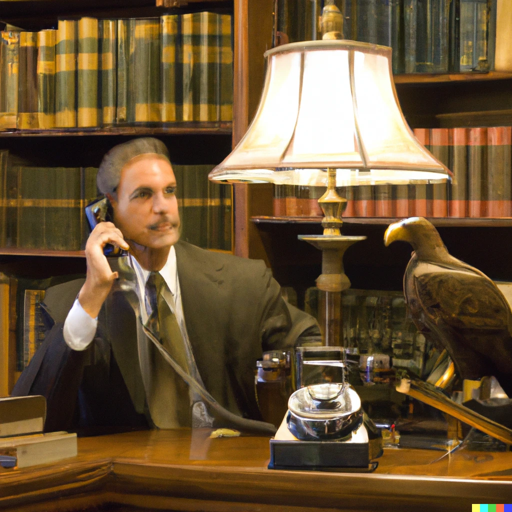 Prompt: legal eagle lawyer sitting in desk with a rotary phone and a banker's lamp inside his book-filled library