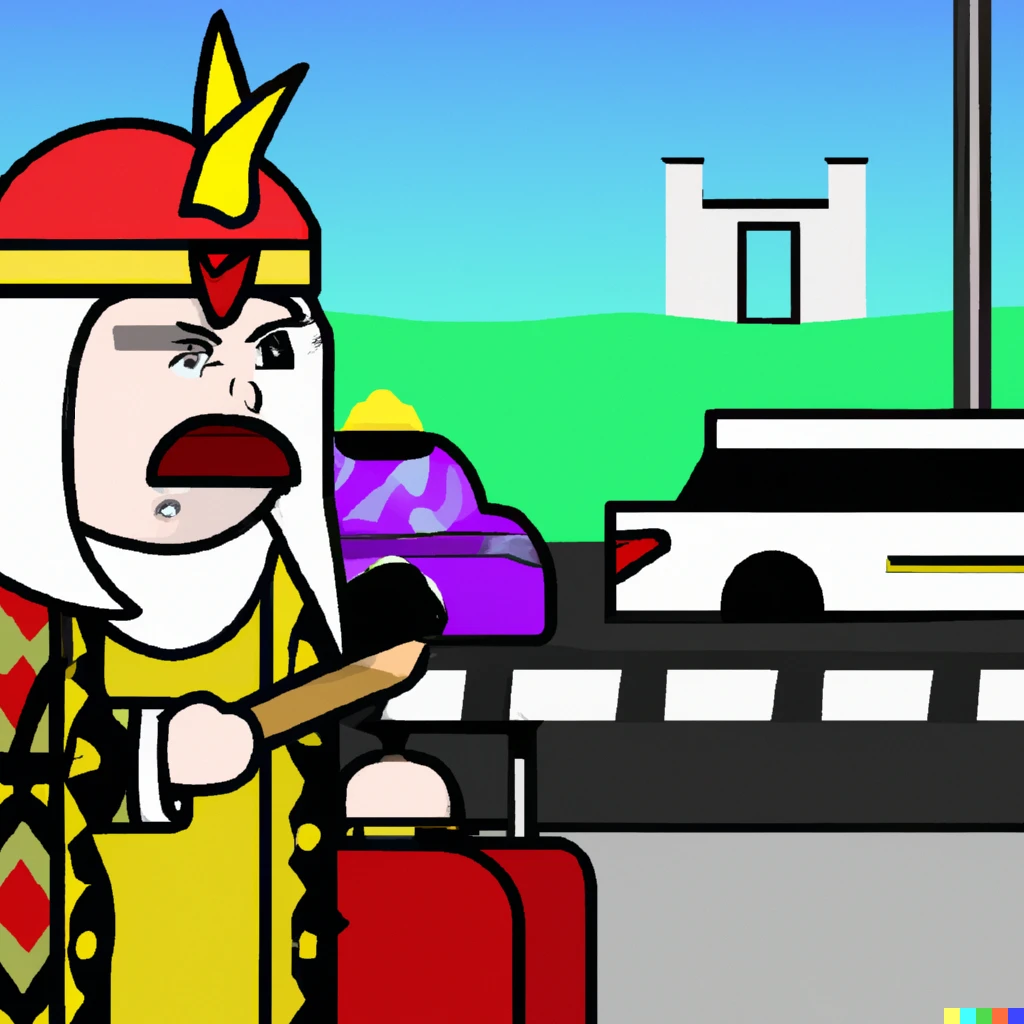 Prompt: Ottoman Sultan impatiently waiting for an Uber pick-up at airport, in Mario world style