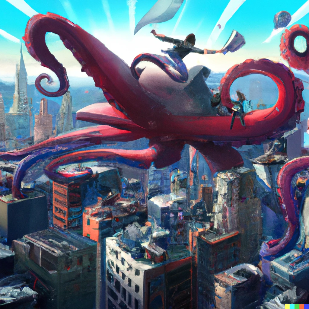 Prompt: A giant octopus levitating on top of Manhattan, people celebrating, digital art