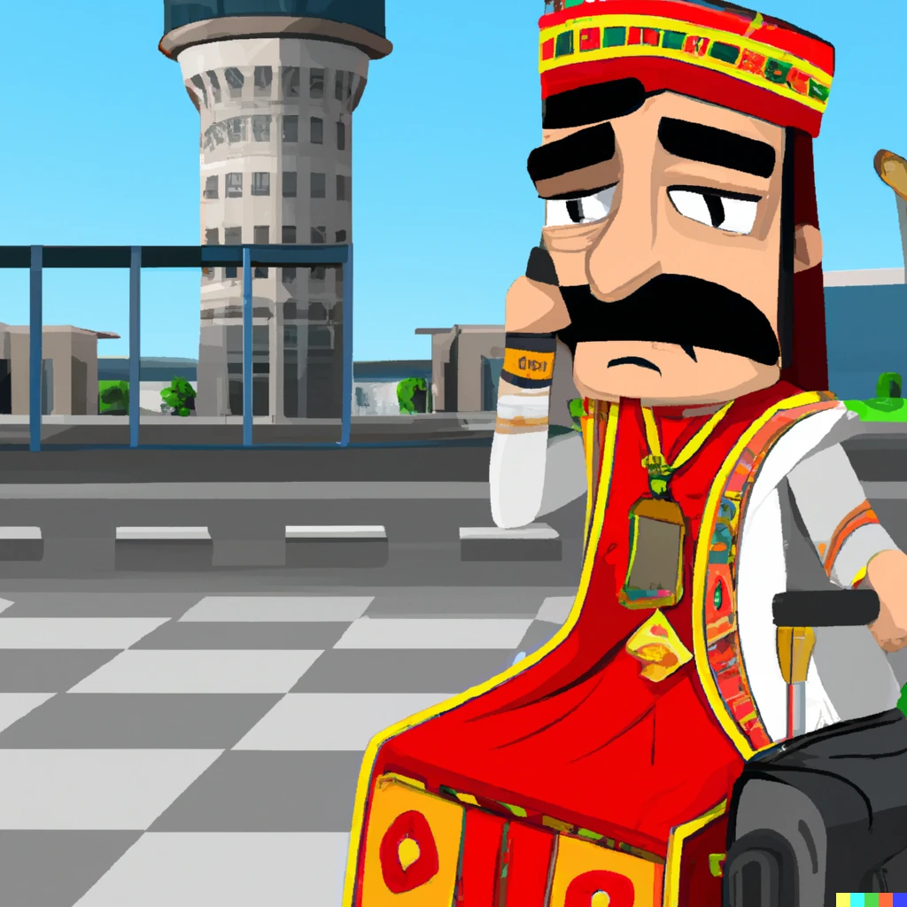 Prompt: Ottoman Sultan impatiently waiting for an Uber pick-up at airport, in Mario world style