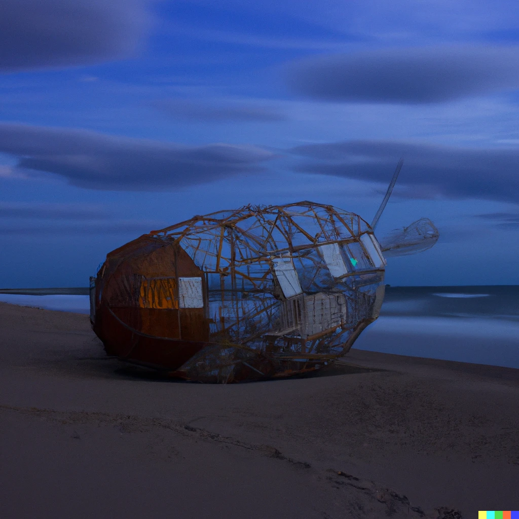 Prompt: Space station fallen on the beach, a photograph
