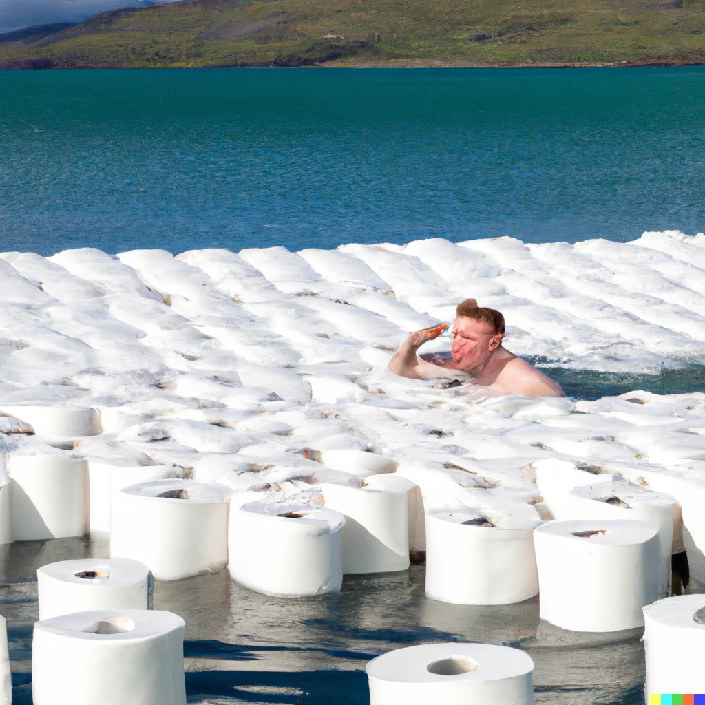 Prompt: Funny man swimming in a sea full of toilet paper near Reykjavik