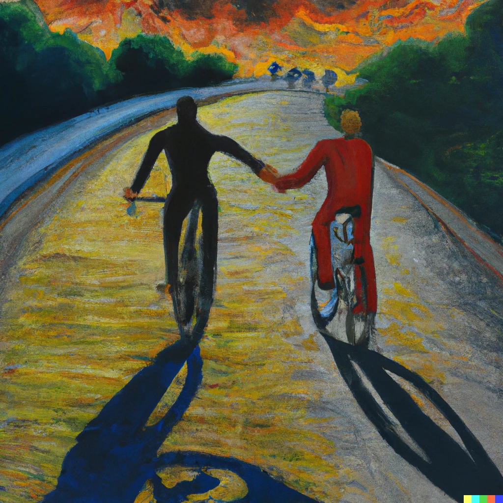 Prompt: An expressive oil painting of Friedrich Merz and Christian Lindner cycling hand in hand in the sunset on a safe and broad cycle path. 