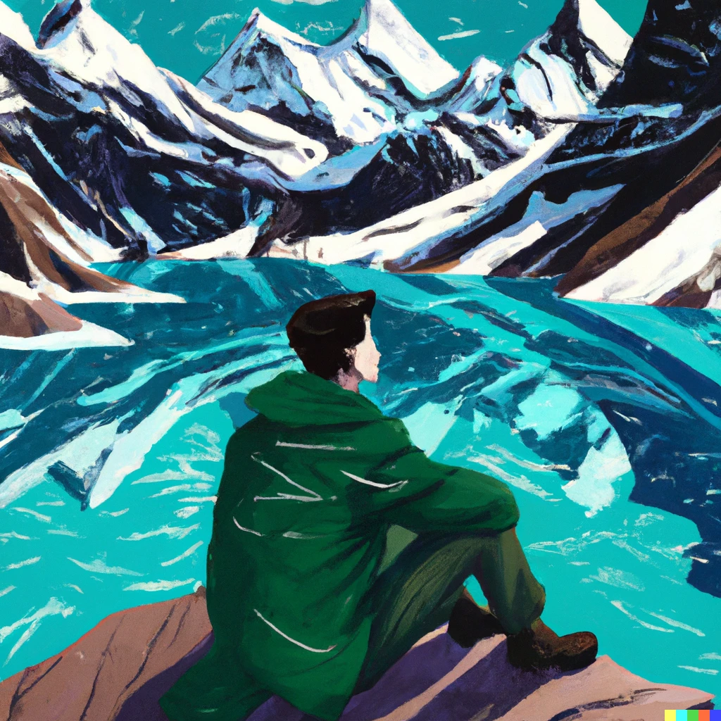 Prompt: A Canadian looking at an emerald glacial lake with snow capped mountains in the background, digital art
