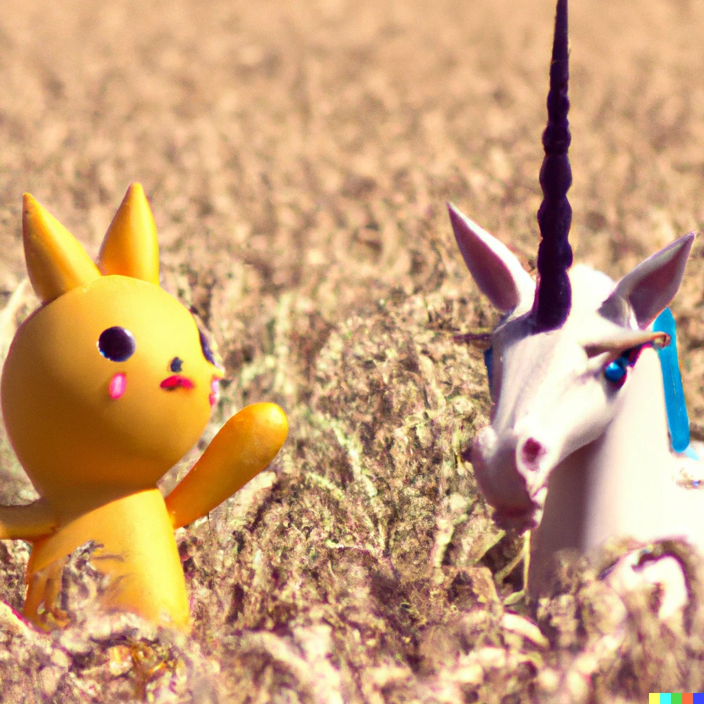 Prompt: An Pokémon Pikachu standing next to a white Unicorn in a field of wheat 