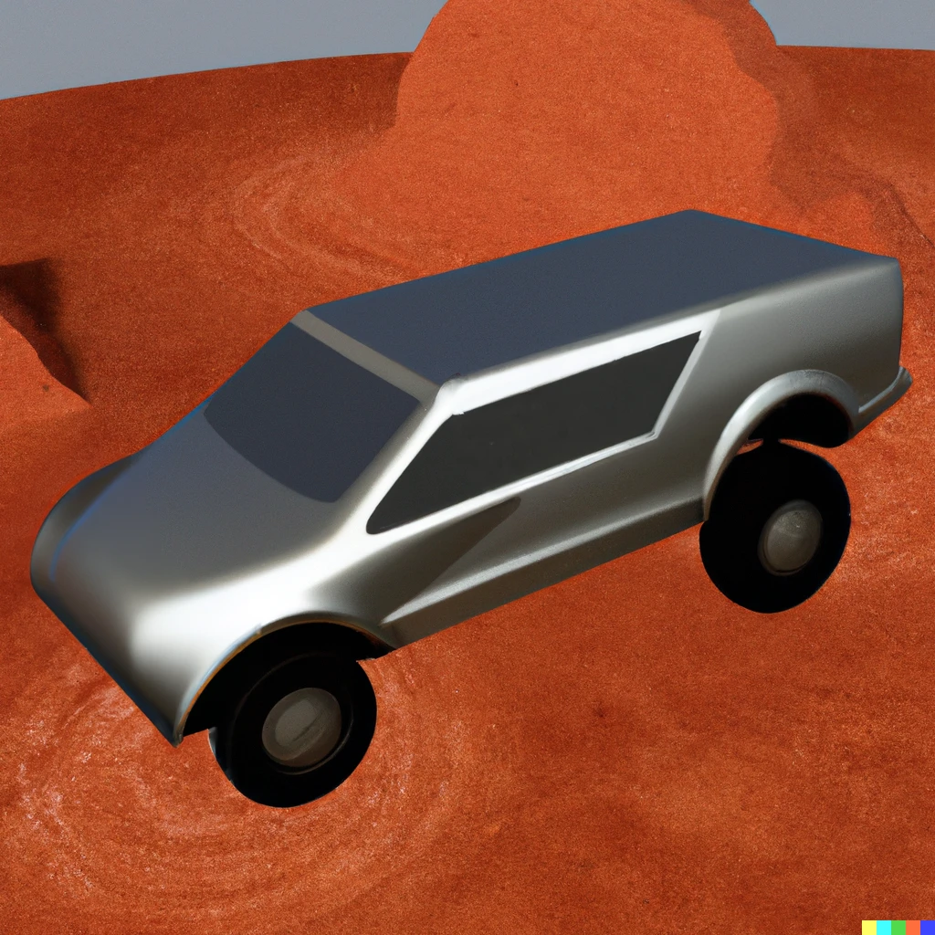 Prompt: Wedge shaped windows on a silver truck on Mars