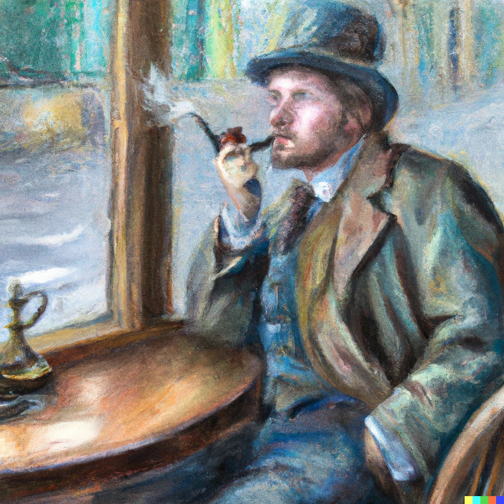Prompt: ''man wearing a top hat and smoking a pipe sitting beside a window in a cafeteria while it rains outside'' by renoir
