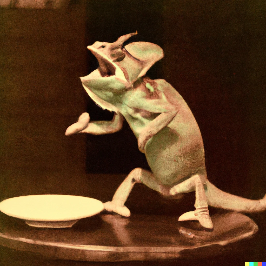 Prompt: A vintage photo of a chameleon doing a stand up comedy show in a dim light tea room