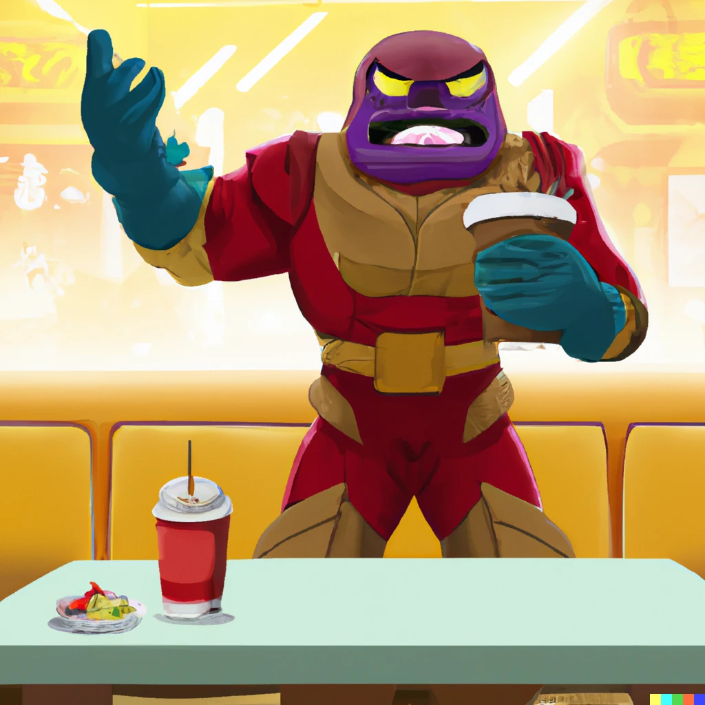 Prompt: The Guardians of the Galaxy's newest threat is eating in a McDonald's