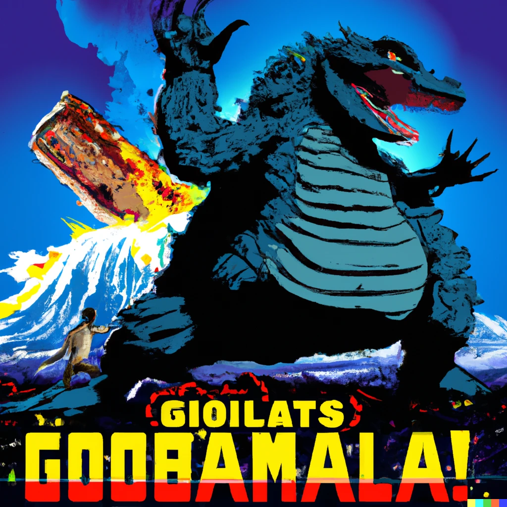 Prompt: Giant moussaka fights Godzilla as a Japanese film poster