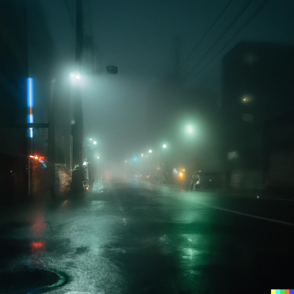 Prompt: Foggy, rainy night in Tokyo 