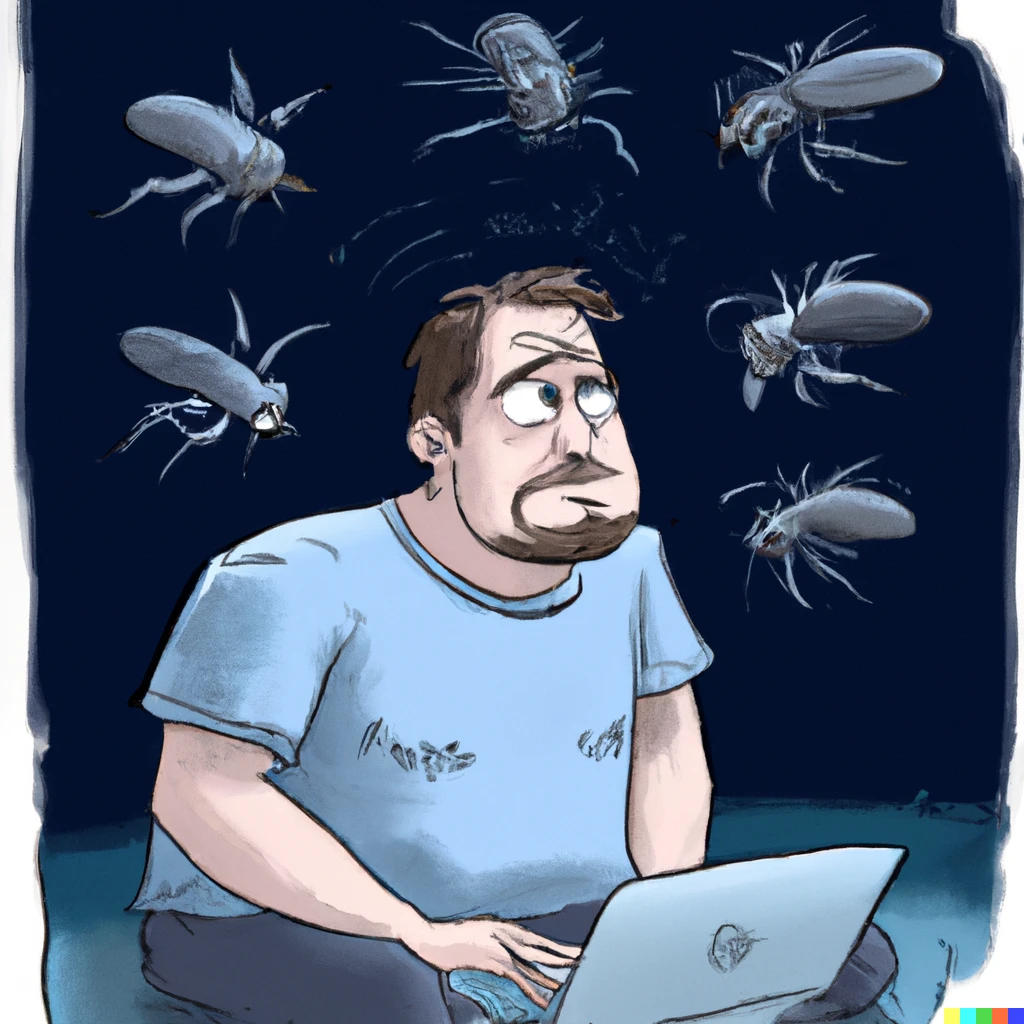Prompt: A software developer has nightmares about  bugs