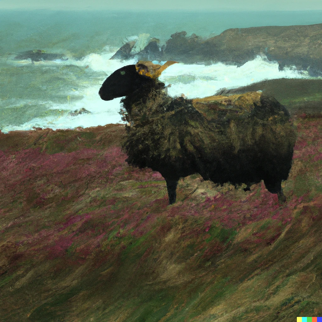 Prompt: A lone black Ouessant sheep, standing in gorse and heather, the vegetation forming cabalistic signs as they twist in the wind,  on a cliff near a stormy sea, in a Gustave Moreau style. 