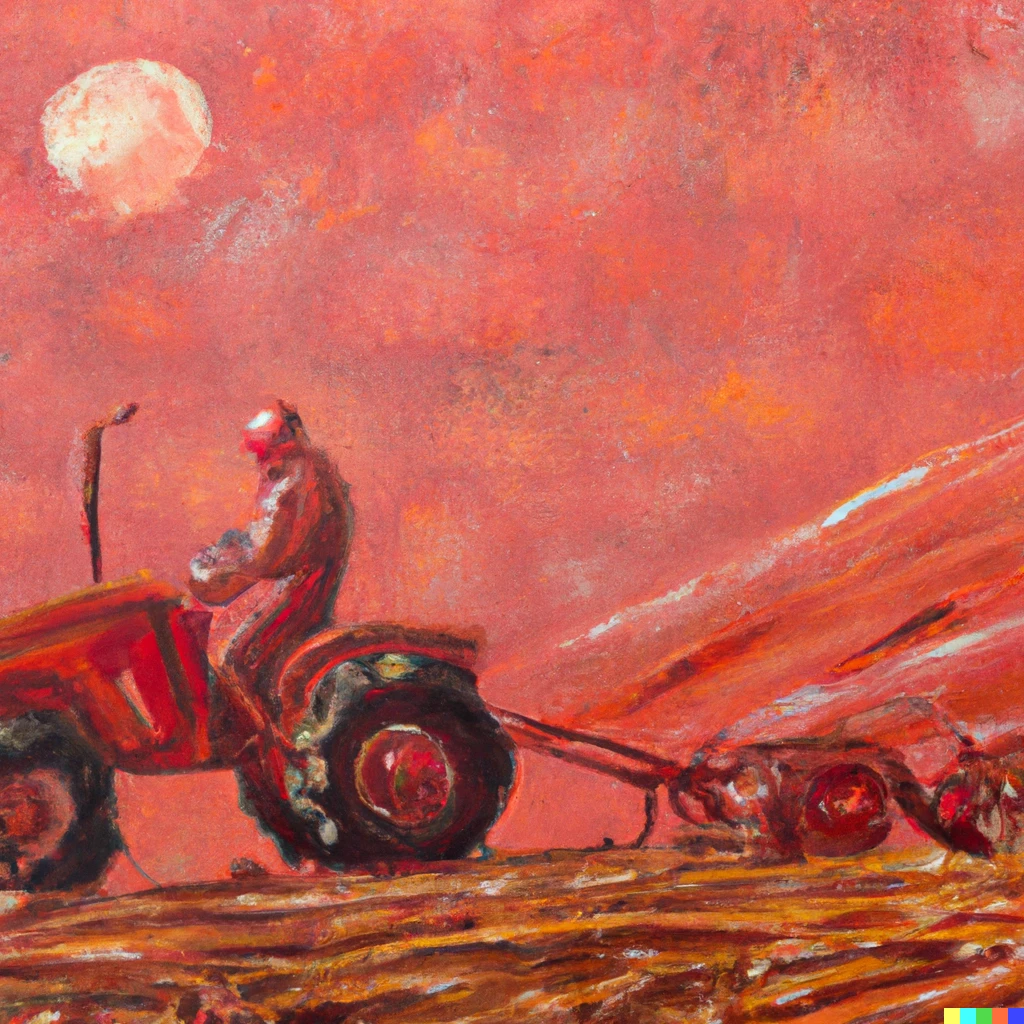 Prompt: An oil painting of a farmer on a tractor on mars