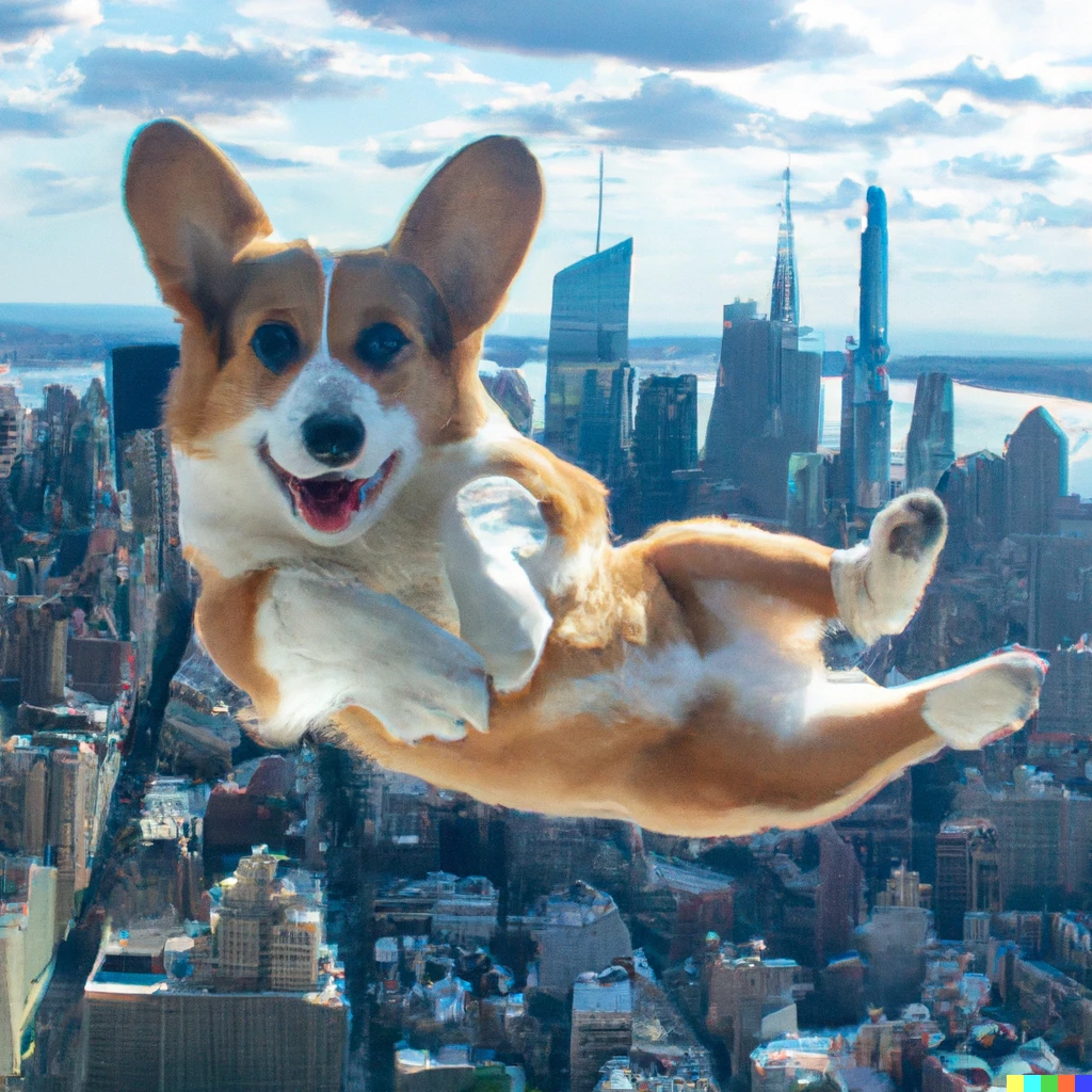 Prompt: a monster sized corgi floating over nyc
